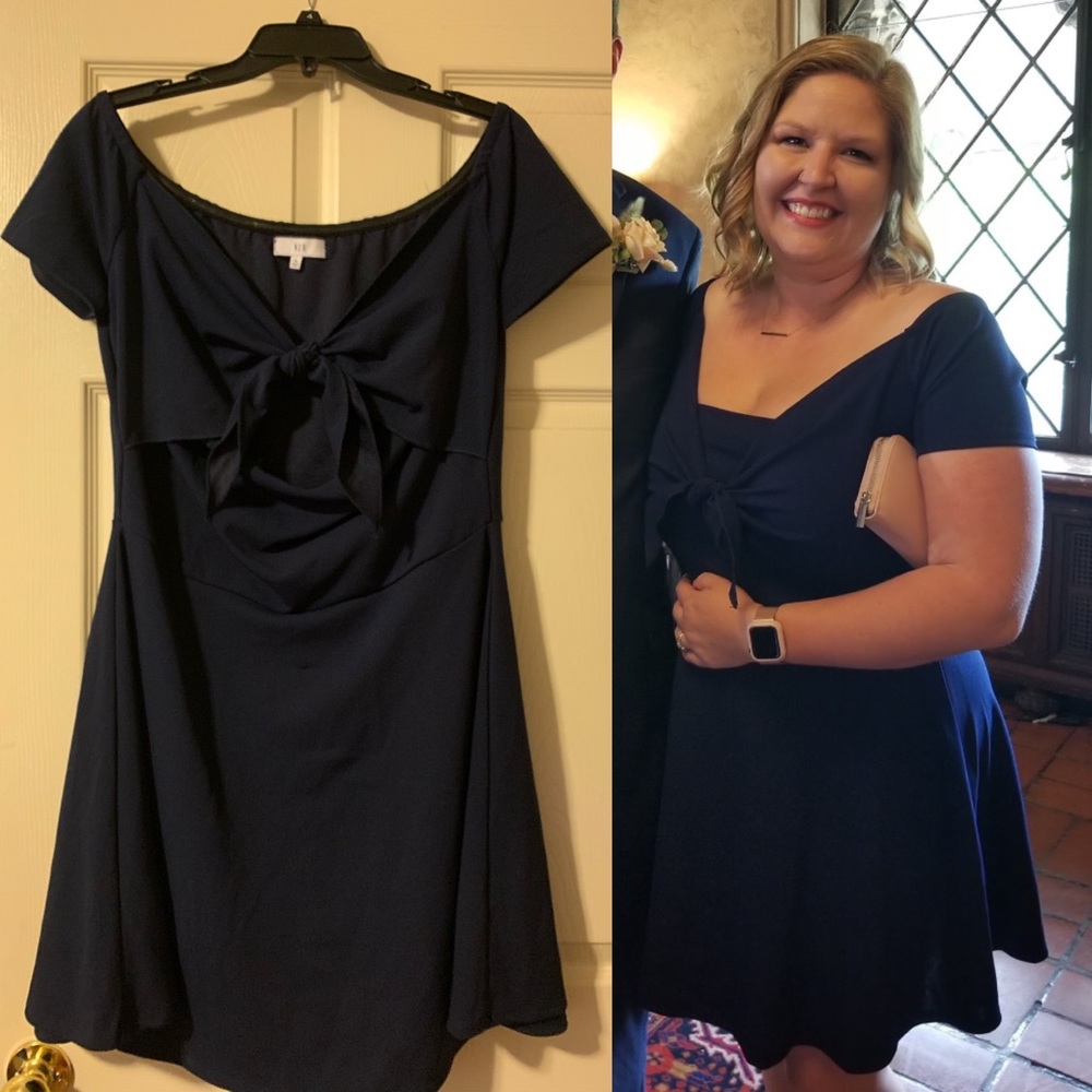 Navy Bow front off shoulder dress